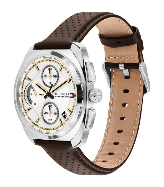 Montre TOMMY HILFIGER COLE Homme 1792270 Analogique Cadran Minéral Blanc Bracelet Cuir Brun Etanchéité 5 ATM