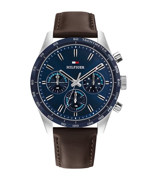 Montre TOMMY HILFIGER HAMPTON Homme 1792276 Analogique Cadran Minéral Bleu Bracelet Cuir Brun Etanchéité 5 ATM