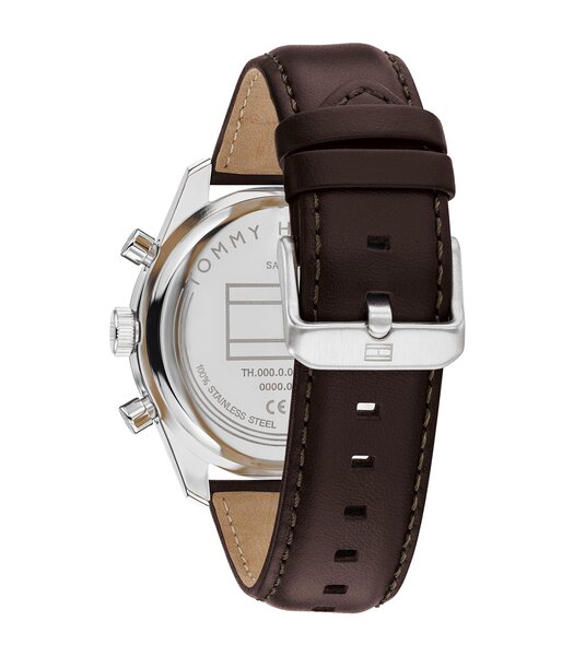 Montre TOMMY HILFIGER HAMPTON Homme 1792276 Analogique Cadran Minéral Bleu Bracelet Cuir Brun Etanchéité 5 ATM