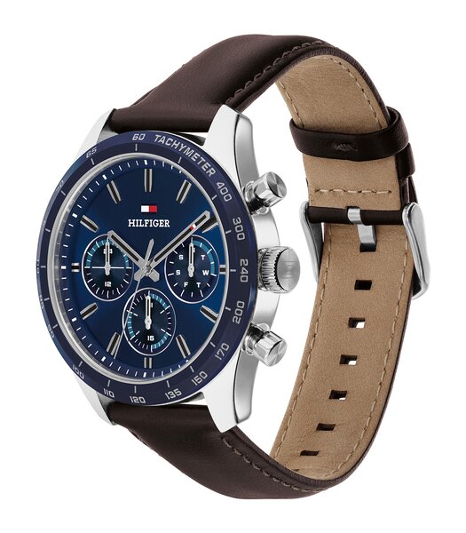 Montre TOMMY HILFIGER HAMPTON Homme 1792276 Analogique Cadran Minéral Bleu Bracelet Cuir Brun Etanchéité 5 ATM