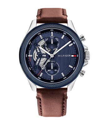 Montre TOMMY HILFIGER CLARK Homme 1792287 Analogique Cadran Minéral Bleu Bracelet Cuir Brun Etanchéité 5 ATM