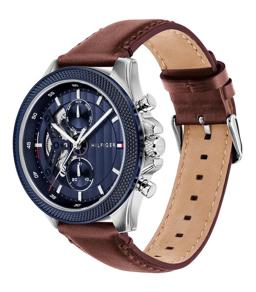 Montre TOMMY HILFIGER CLARK Homme 1792287 Analogique Cadran Minéral Bleu Bracelet Cuir Brun Etanchéité 5 ATM