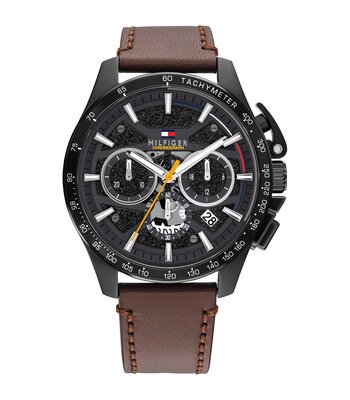 Montre TOMMY HILFIGER BANK Homme 1792291 Analogique Cadran Minéral Noir Bracelet Cuir Brun Etanchéité 5 ATM