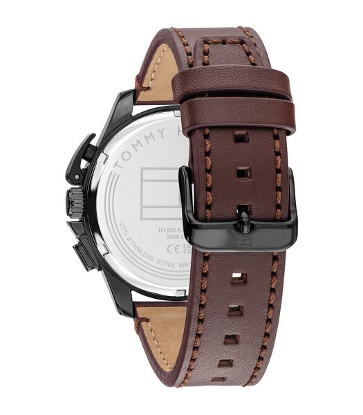 Montre TOMMY HILFIGER BANK Homme 1792291 Analogique Cadran Minéral Noir Bracelet Cuir Brun Etanchéité 5 ATM