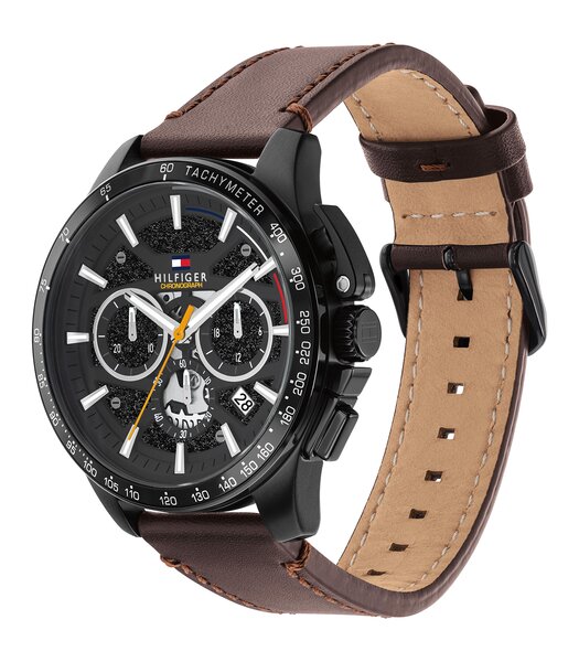 Montre TOMMY HILFIGER BANK Homme 1792291 Analogique Cadran Minéral Noir Bracelet Cuir Brun Etanchéité 5 ATM
