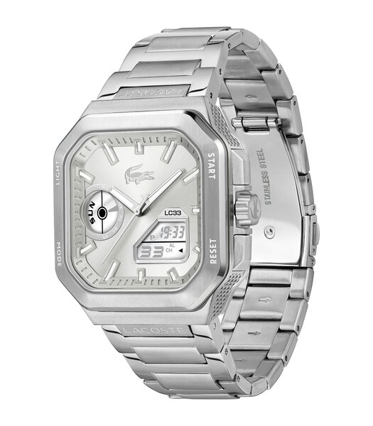 Horloge LACOSTE LC33 SQUARE Heren 2011531 Digitaal + analoog Behuizing Mineraal Zilverkleurig Bracelette Roestvrij staal Staal Etanchéiteiten 10 ATM