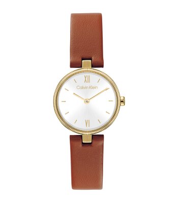 Montre CALVIN KLEIN WATCHES GLEAM Femme 25100231 Analogique Cadran Minéral Blanc Bracelet Cuir Brun Etanchéité 3 ATM