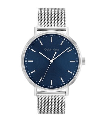 Horloge CALVIN KLEIN WATCHES TIMELESS Heren 25200045 Analoog Behuizing Mineraal Blauw Bracelette Milanees Zilverkleurig Clip / clasp Etanchéiteiten 3