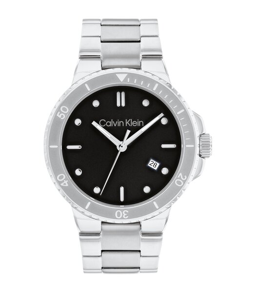 Horloge CALVIN KLEIN WATCHES MARINE Heren 25200203 Analoog Behuizing Mineraal Zwart Armband Roestvrij staal Zilverkleurig Uitklapbare lus Waterdichthe