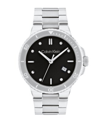 Horloge CALVIN KLEIN WATCHES MARINE Heren 25200203 Analoog Behuizing Mineraal Zwart Armband Roestvrij staal Zilverkleurig Uitklapbare lus Waterdichthe