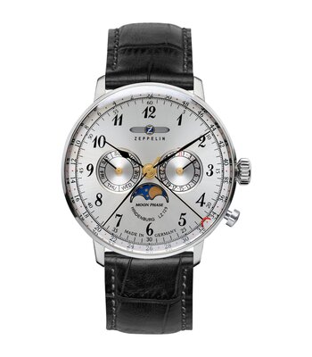 Montre ZEPPELIN HINDENBURG MONDPHASE Homme 7036-1 Analogue Cadran HESALITE Gris Bracelet Cuir Noir Boucle ardillon Etanchéité 3ATM