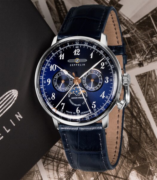 Horloge ZEPPELIN HINDENBURG MONDPHASE Heren 7036-3 Analoog Behuizing HESALIET Blauw Bracelette Leer Blauw Boucle ardillon Etanchéiteiten 3ATM