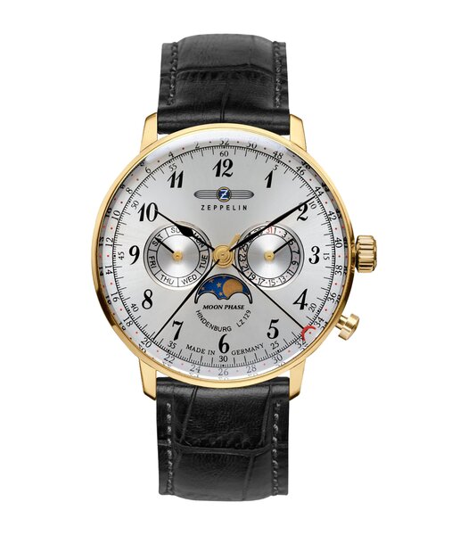 Montre ZEPPELIN HINDENBURG MONDPHASE Homme 7038-1 Analogue Cadran HESALITE Gris Bracelet Cuir Noir Boucle ardillon Etanchéité 3ATM
