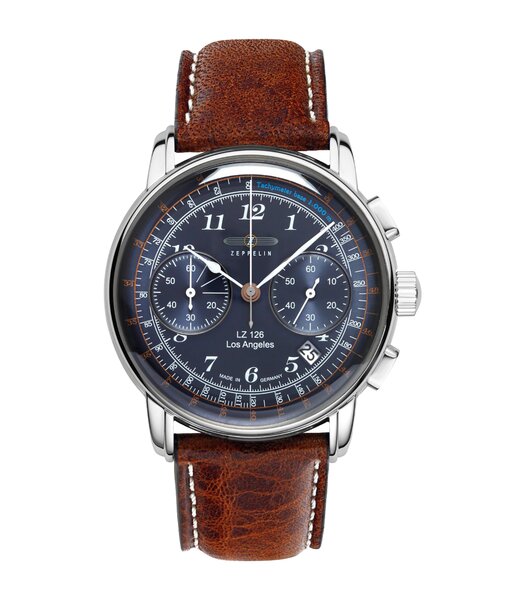 Horloge ZEPPELIN LZ126 LOS ANGELES Heren 7614-3 Analoog Behuizing MINERAAL Blauw Bracelette Leer Bruin Boucle ardillon Etanchéiteiten 5ATM
