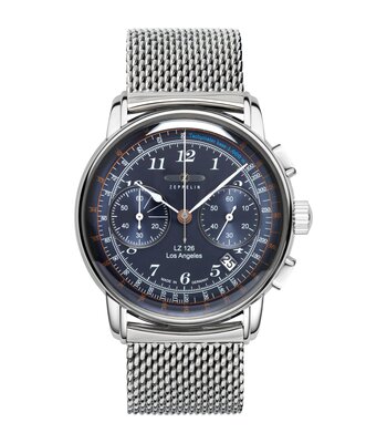 Montre ZEPPELIN LZ126 LOS ANGELES Homme 7614M-3 Analogue Cadran MINERAL Bleu Bracelet Acier inoxydable Argenté Boucle déployante Etanchéité 5BAR