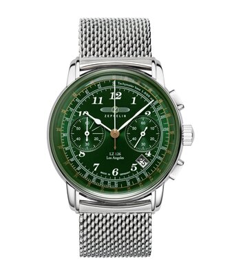 Montre ZEPPELIN LZ126 LOS ANGELES Homme 7614M-4 Analogique Cadran Minéral Vert Bracelet Milanais Argenté Boucle déployante Etanchéité 5 BAR