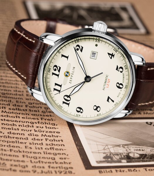 Horloge ZEPPELIN LZ127 GRAF ZEPPELIN Heren 7656-5 Analoog Behuizing MINERAAL Beige Bracelette Leer Bruin Boucle ardillon Etanchéiteiten 5ATM