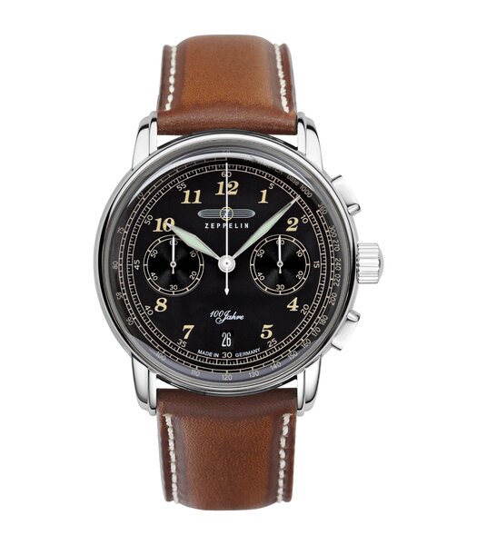 Horloge ZEPPELIN 100 JAHRE ZEPPELIN Heren 7674-3 Analoog Behuizing MINERAAL Zwart Bracelette Leer Camel Boucle ardillon Etanchéiteiten 5ATM