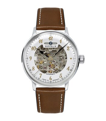Montre ZEPPELIN LZ 129 HINDENBURG SKELETON Homme 8068-1 Analogue Cadran MINERAL Blanc Bracelet Cuir Brun Etanchéité 5BAR