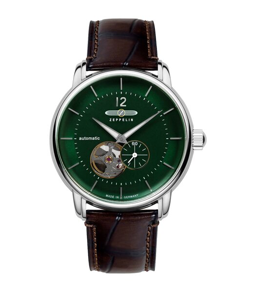 Horloge ZEPPELIN BODENSEE Heren 8166-4 Analoog Behuizing MINERAAL Groen Bracelette Leer Bruin Boucle déployante Etanchéiteiten 5BAR