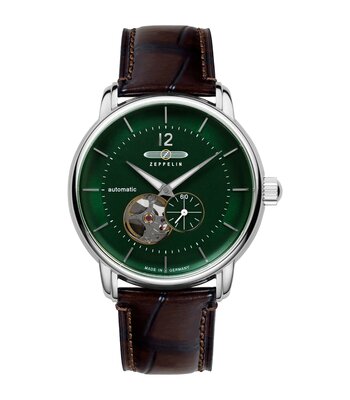 Horloge ZEPPELIN BODENSEE Heren 8166-4 Analoog Behuizing MINERAAL Groen Bracelette Leer Bruin Boucle déployante Etanchéiteiten 5BAR