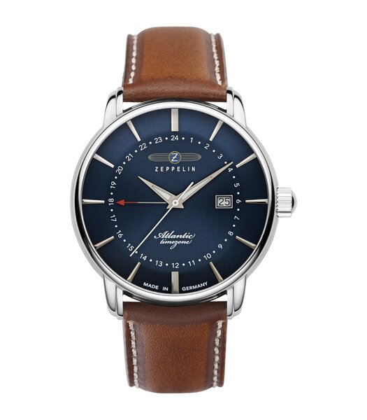 Horloge ZEPPELIN ATLANTIC Heren 8442-3 Analoog Behuizing MINERAAL Blauw Bracelette Leer Camel Boucle ardillon Etanchéiteiten 5ATM