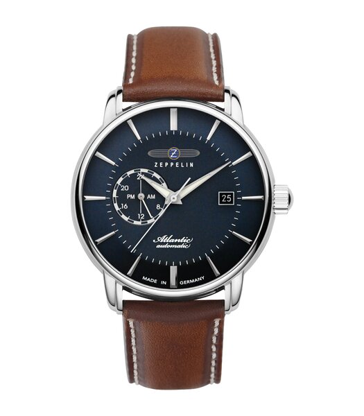 Horloge ZEPPELIN ATLANTIC Heren 8470-3 Analoog Behuizing MINERAAL Blauw Bracelette Leer Camel Boucle ardillon Etanchéiteiten 5ATM