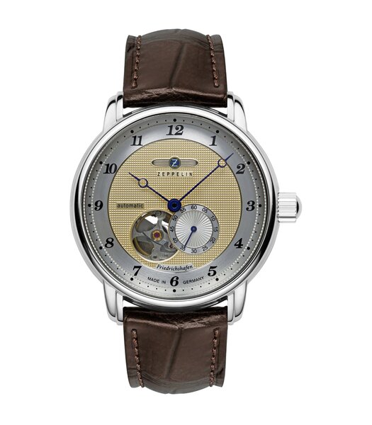 Horloge ZEPPELIN FRIEDRICHSHAFEN Heren 8566-5 Analoog Behuizing MINERAAL Goudkleurig Bracelette Leer Bruin Etanchéiteiten 5BAR