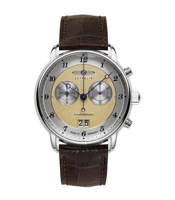 Horloge ZEPPELIN FRIEDRICHSHAFEN Heren 8584-5 Analoog Behuizing MINERAAL Goudkleurig Bracelette Leer Bruin Etanchéiteiten 5BAR