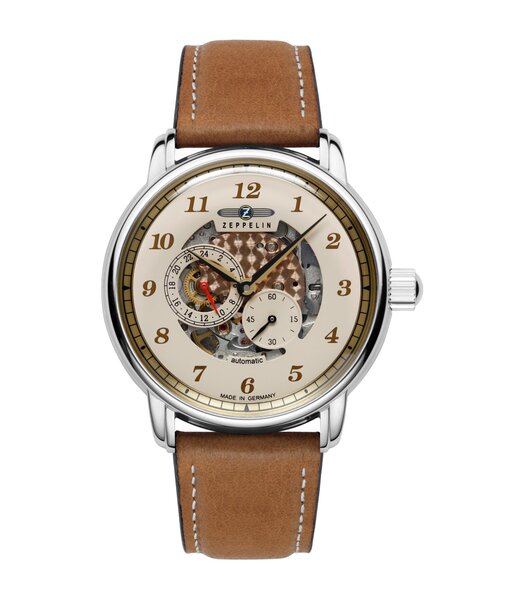 Horloge ZEPPELIN NEW CAPTAIN'S LINE Heren 8658-5 Analoog Behuizing MINERAAL Beige Bracelette Leer Bruin Boucle déployante Etanchéiteiten 5BAR