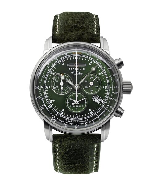 Horloge ZEPPELIN 100 JAHRE ZEPPELIN Heren 8680-4 Analoog Behuizing MINERAAL Groen Bracelette Leer Groen Boucle ardillon Etanchéiteiten 5ATM