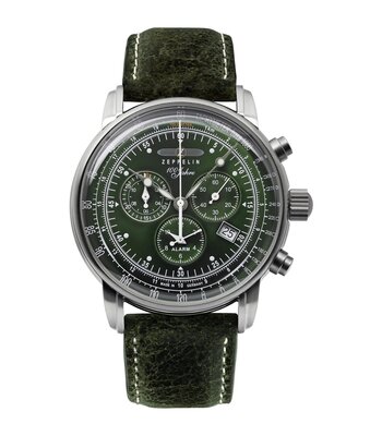 Horloge ZEPPELIN 100 JAHRE ZEPPELIN Heren 8680-4 Analoog Behuizing MINERAAL Groen Bracelette Leer Groen Boucle ardillon Etanchéiteiten 5ATM