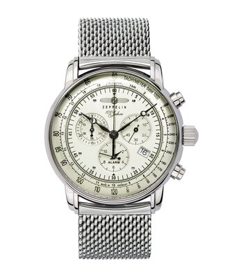Horloge ZEPPELIN 100 JAHRE ZEPPELIN Heren 8680M-3 Analoog Behuizing MINERAAL Wit Bracelette Roestvrij staal Zilverkleurig Boucle déployante Etanchéite