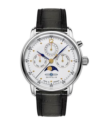 Montre ZEPPELIN BARCELONA Homme 9576-1 Analogue Cadran MINERAL Blanc Bracelet Cuir Noir Etanchéité 5BAR