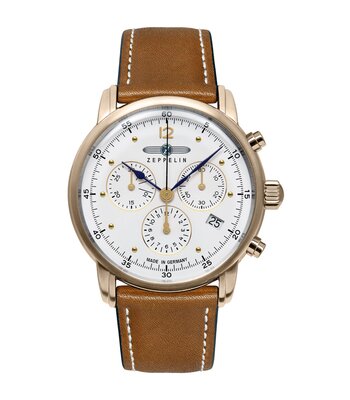 Montre ZEPPELIN BARCELONA Homme 9586-5 Analogue Cadran MINERAL Blanc Bracelet Cuir Brun Etanchéité 5BAR