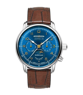 Montre ZEPPELIN MEDITERRANEE - BLUE Homme 9636-3 Analogue Cadran MINERAL Bleu Bracelet Cuir Brun Boucle ardillon Etanchéité 5BAR