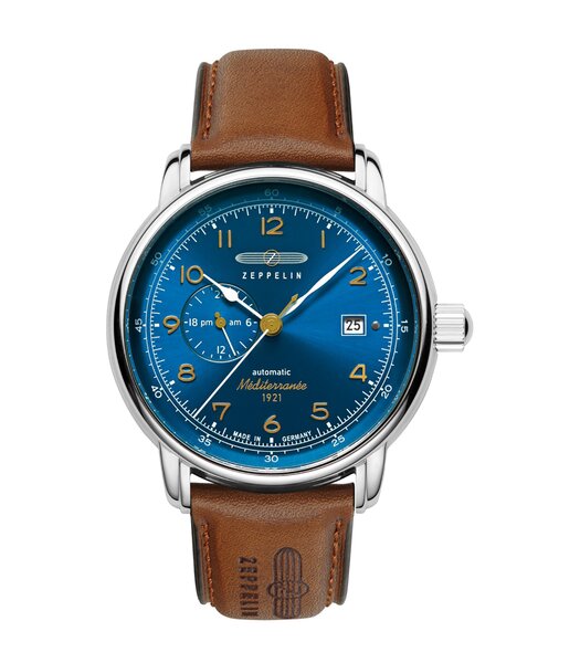 Horloge ZEPPELIN MEDITERRANEE - BLUE Heren 9668-3 Analoog Behuizing MINERAAL Blauw Bracelette Leer Bruin Boucle ardillon Etanchéiteiten 5BAR