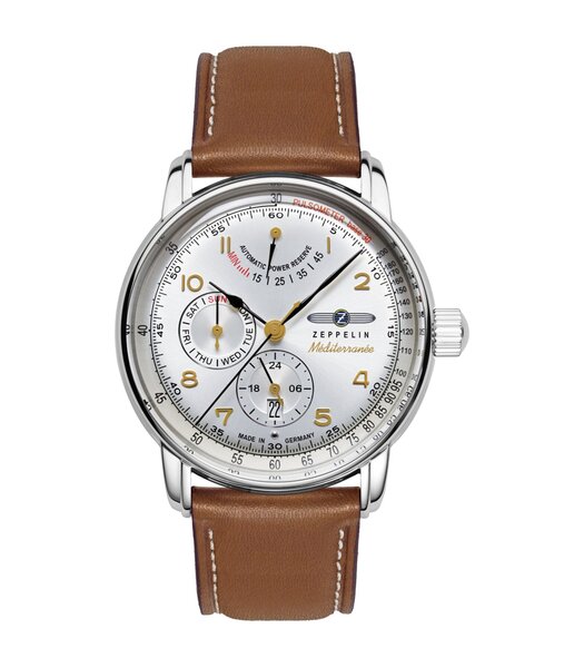 Montre ZEPPELIN MEDITERRANEE Homme 9690-1 Analogue Cadran Saphir ZILVER Bracelet Cuir Brun Etanchéité 5BAR
