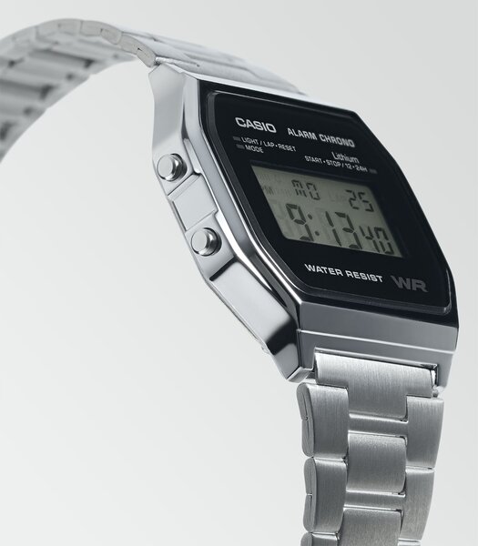 Horloge CASIO CASIO COLLECTION RETRO Unisex A158WEA-1EF Digitaal Behuizing Acryl Zwart Bracelette Roestvrij staal Staal Clip / clasp