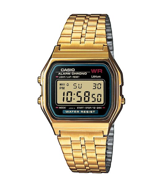 Horloge CASIO CASIO COLLECTION RETRO Unisex A159WGEA-1EF Digitaal Behuizing Acryl Zwart Armband Roestvrij staal Geel goud Clip / clasp