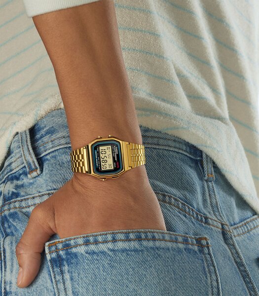 Horloge CASIO CASIO COLLECTION RETRO Unisex A159WGEA-1EF Digitaal Behuizing Acryl Zwart Armband Roestvrij staal Geel goud Clip / clasp