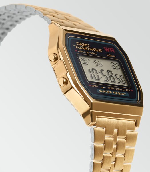 Horloge CASIO CASIO COLLECTION RETRO Unisex A159WGEA-1EF Digitaal Behuizing Acryl Zwart Armband Roestvrij staal Geel goud Clip / clasp