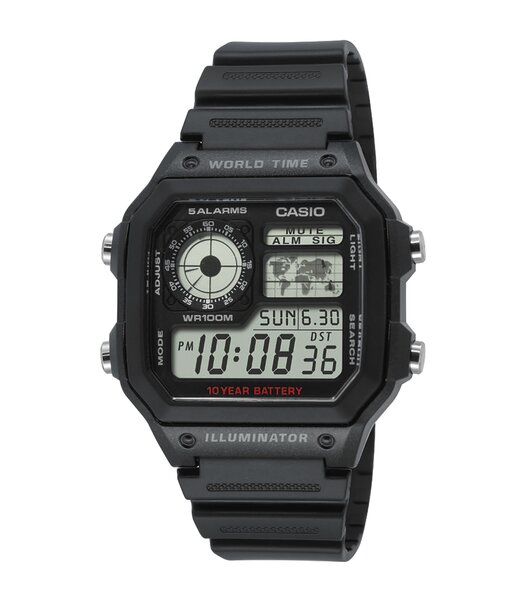 Horloge CASIO CASIO COLLECTION AE-1200WH-1AVEF Digitaal Behuizing Acryl Zwart Bracelette HARS Zwart Boucle ardillon Etanchéiteiten 10BAR
