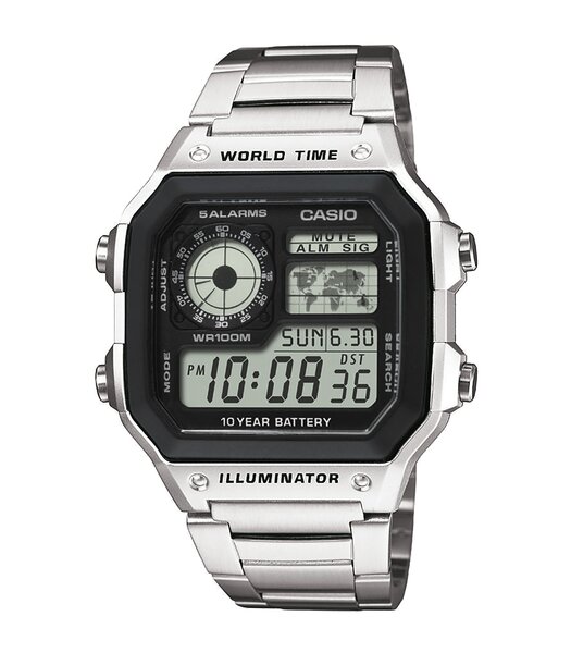 Horloge CASIO CASIO COLLECTION AE-1200WHD-1AVEF Digitaal Behuizing Acryl Zwart Bracelette Roestvrij staal Staal BOUCLE DEPLOYANTE Etanchéiteiten 10BAR