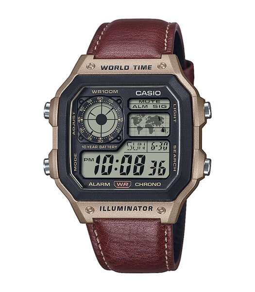 Horloge CASIO CASIO COLLECTION Heren AE-1200WHL-5AVEF Digitaal Behuizing Acryl Zwart Bracelette Leer Bruin Etanchéiteiten 10BAR