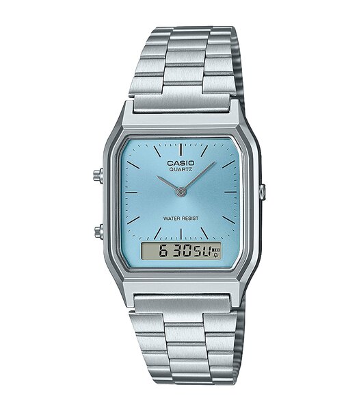 Montre CASIO CASIO COLLECTION RETRO Unisexe AQ-230A-2A1MQYES Analogue-Digital Cadran Acrylique Bleu Bracelet Acier inoxydable Argenté Boucle déployant