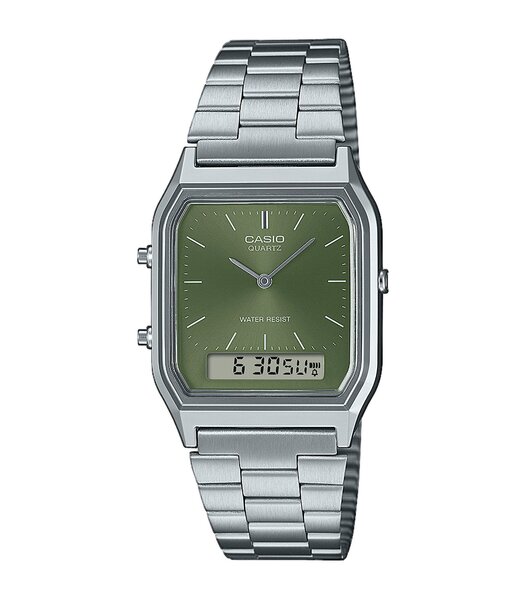 Horloge CASIO CASIO COLLECTION RETRO Heren AQ-230A-3AMQYES Analoog-digitaal Behuizing Acryl Groen Bracelette Roestvrij staal Zilverkleurig
