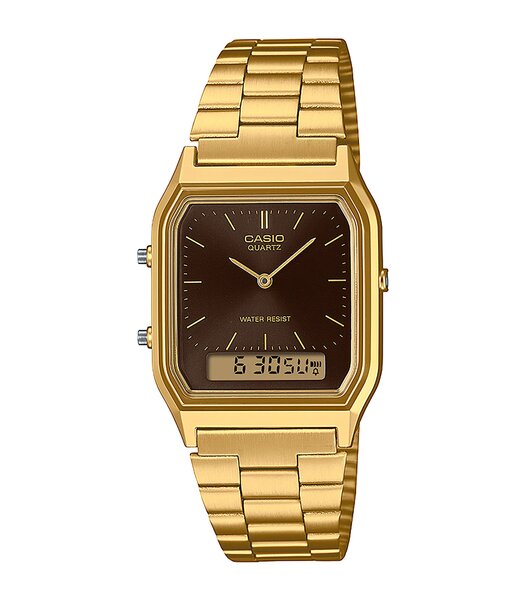 Horloge CASIO CASIO COLLECTION RETRO Heren AQ-230GA-5AMQYES Analoog-digitaal Behuizing Acryl Donkerbruin (sunray) Bracelette Roestvrij staal Goud