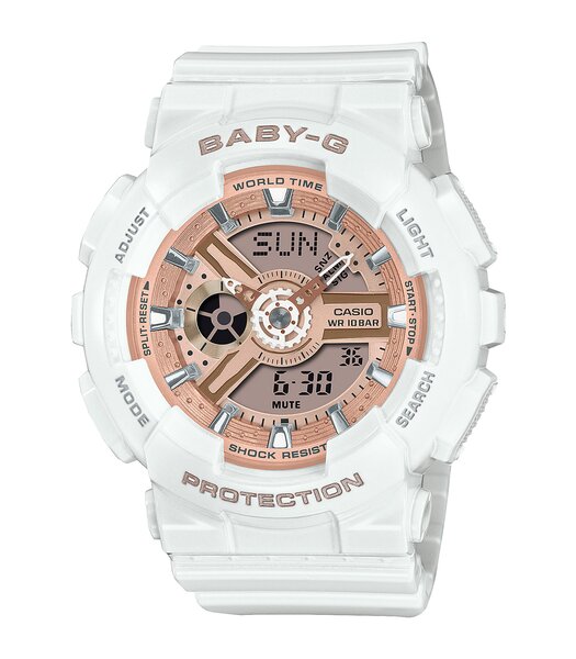 Montre CASIO BABY-G Femme BA-110X-7A1ER Digital + analogique Cadran Minéral Rose Bracelet Résine Blanc Boucle ardillon Etanchéité 10 BAR