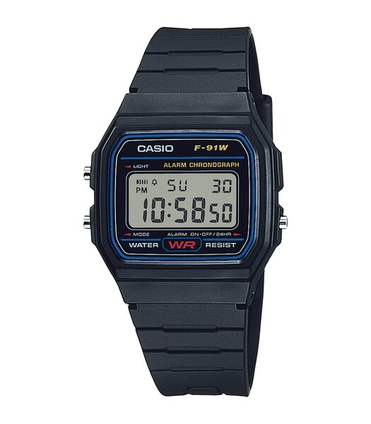Horloge CASIO CASIO COLLECTION Unisex F-91W-1YEG Digitaal Behuizing Acryl Zwart Bracelette Hars Zwart Boucle ardillon